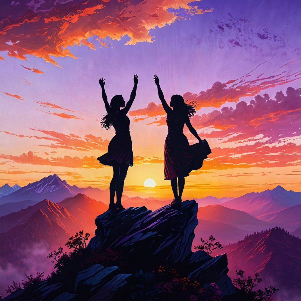 A powerful silhouette of an ambitious woman standing atop a mountain peak at sunrise, arms raised in triumph. The backdrop features a sky filled with vibrant colors symbolizing hope and empowerment. Surrounding her are symbols of ambition, like books, a globe, and gears, representing knowledge, travel, and progress. Add a soft light glow around her to emphasize her spirit. painting. vibrant colors. ethereal atmosphere.