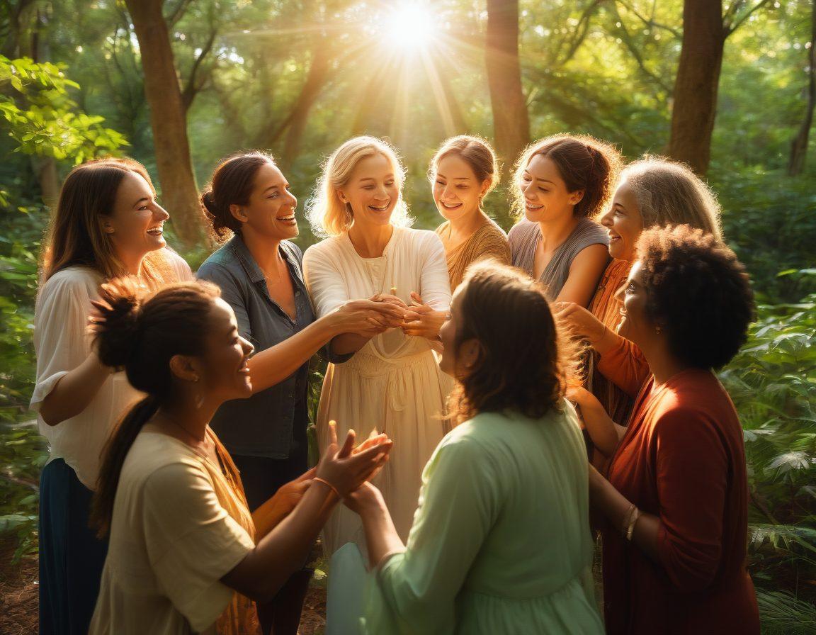 A diverse group of women of different ages and backgrounds, joyfully engaging in a collaborative circle, surrounded by lush greenery symbolizing growth and support. Bright colors highlight their warmth and connection, with empowering phrases like 'Unity' and 'Strength' illustrated in the background. Sunlight filters through the trees, creating a nurturing and uplifting atmosphere. super-realistic. vibrant colors. nature-inspired.